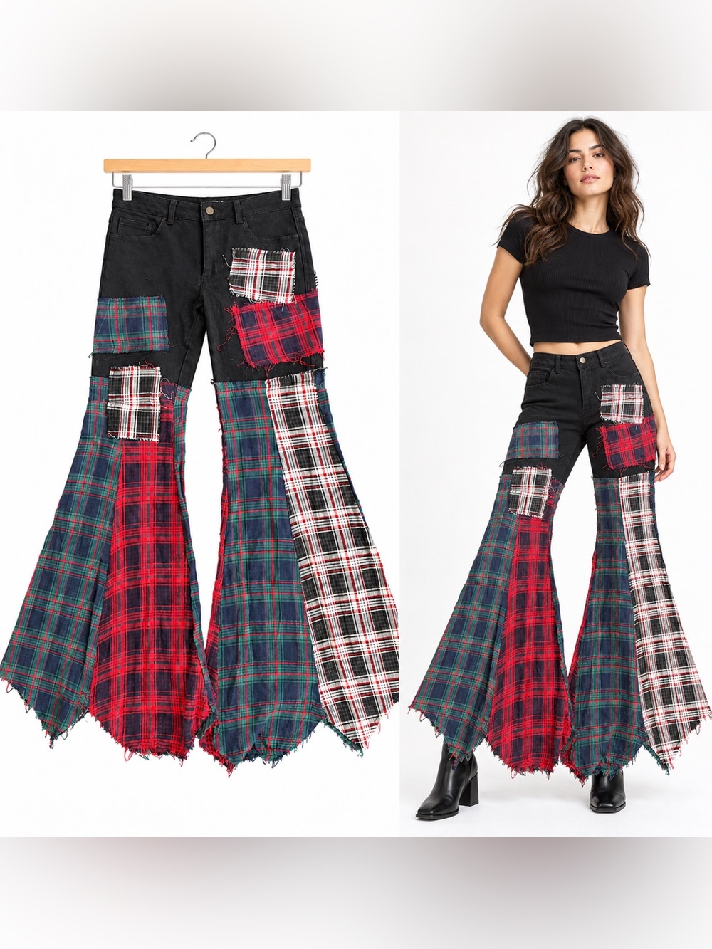 Current Mood Goth Plaid Patchwork Flare Jeans